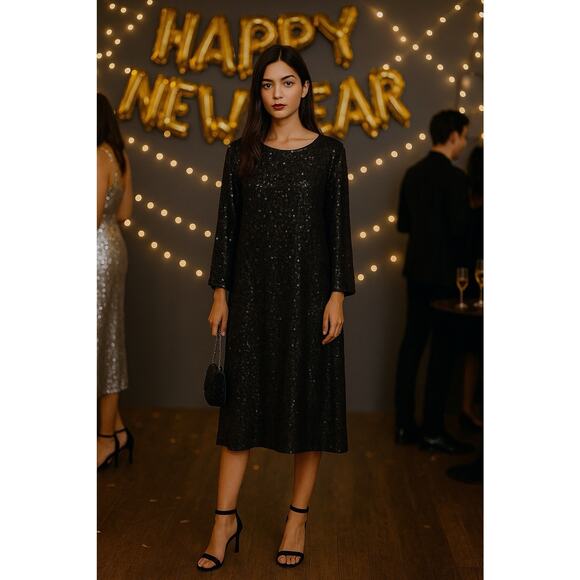 H&M Black Sequin Shift Dress • Holiday Sparkle • New Year’s Eve Look Sz M - Picture 1 of 5